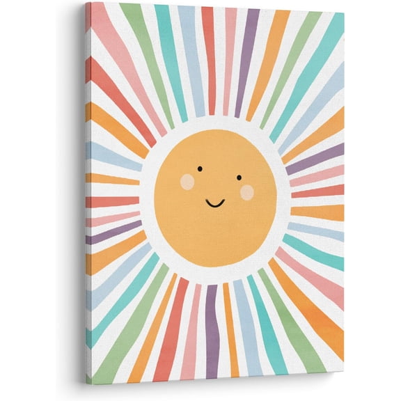 Cute Cartoon Smiling Sun Cheerful Nursery Wall Art Canvas Prints,Watercolor Boho Neutral Sun Sunshine Wall Art Decor for Kids Baby Bedroom Nursery Playroom, 11 x 14 Inch（multi color）