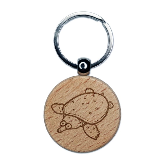 Cute Cartoon Soft-Shelled Turtle Softshell Engraved Wood Round Keychain Tag Charm