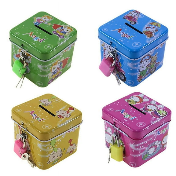 Cute Cartoon Square Tin Metal Piggy Bank Saving Cash Coin Money Box Children Toy Kids Birthday Gifts 4 Color With Lock/Key