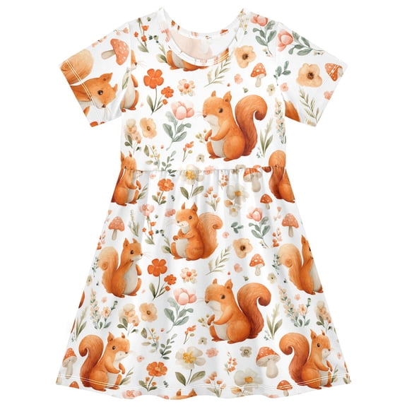 Cute Cartoon Squirrel Short Sleeve Dress A-Line Cute Midi Casual Sundress 2-8 Years