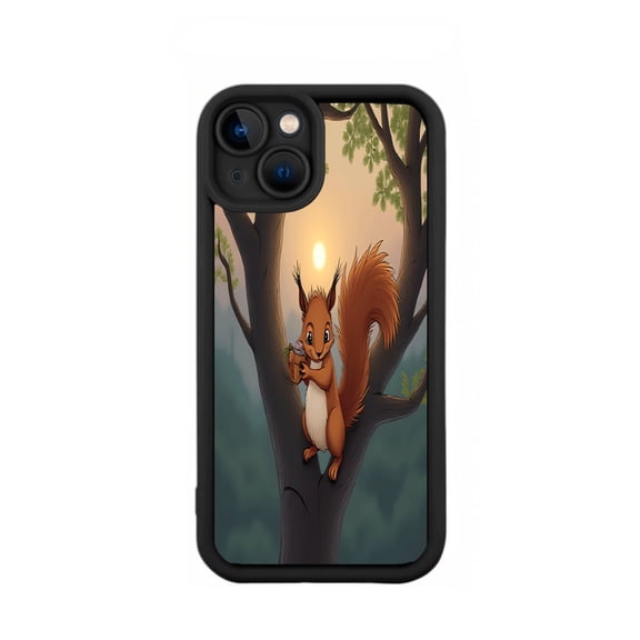 Cute Cartoon Squirrel iPhone 15 Case - Lightweight Yellowing Resistant Black Border Vibrant Sunset Background Perfect for Nature Lovers
