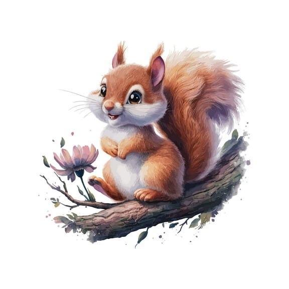 Cute Cartoon Squirrel sitting on a Tree Animal Wall Art Sticker Designs Vinyl Stickers For Home House Walls Rooms Windows Bedroom Decoration Size (28x28 inch)
