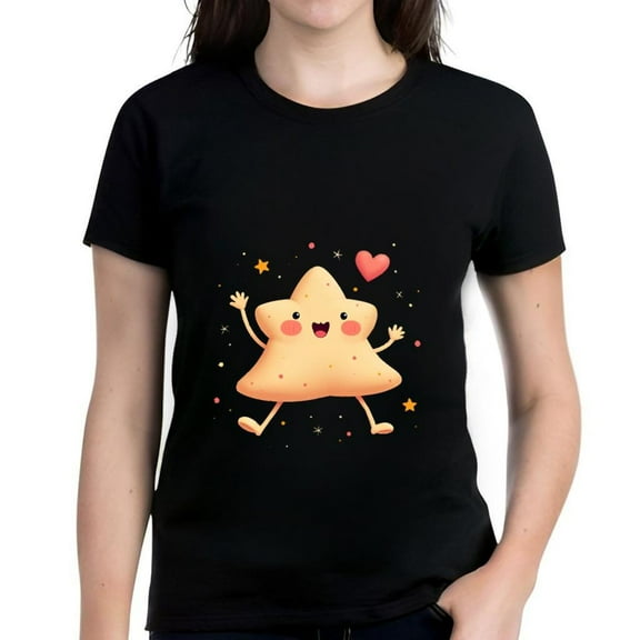 Cute Cartoon Star Character Cotton Short Sleeve T-Shirt for Women - Cheerful Design with Smiling Star Rosy Cheeks and Playful Heart Pattern