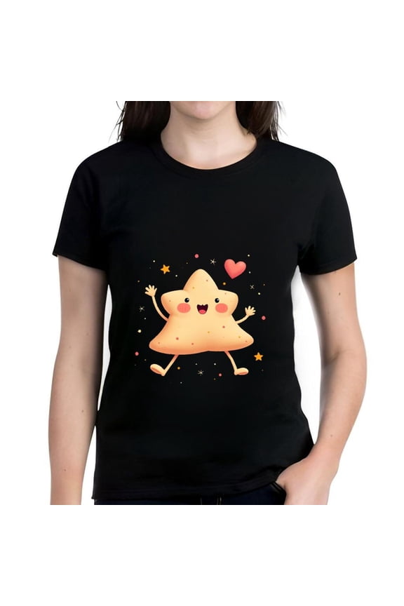 Cute Cartoon Star Character Cotton Short Sleeve T-Shirt for Women - Cheerful Design with Smiling Star Rosy Cheeks and Playful Heart Pattern