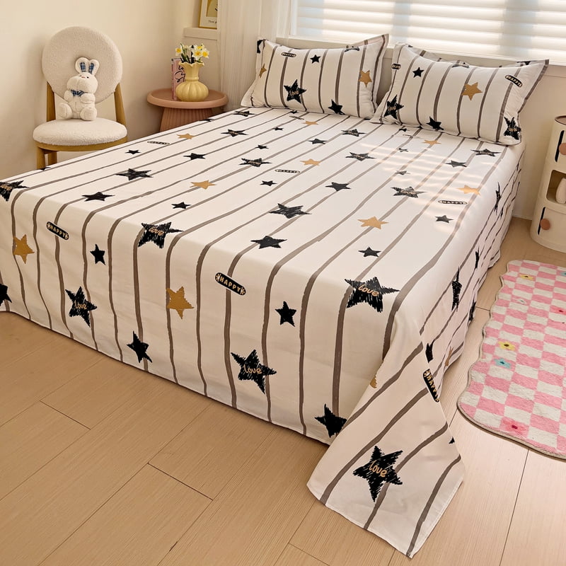 Cute Cartoon Star Flat Sheet Full Queen Size Geometric Stripes Pattern