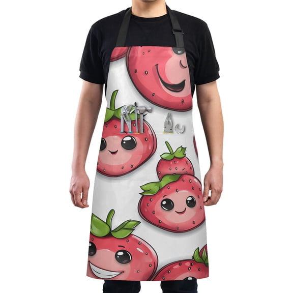 Cute Cartoon Strawberry Chef Kitchen Apron with Pockets for Women Waterproof Aprons for Cooking Baking