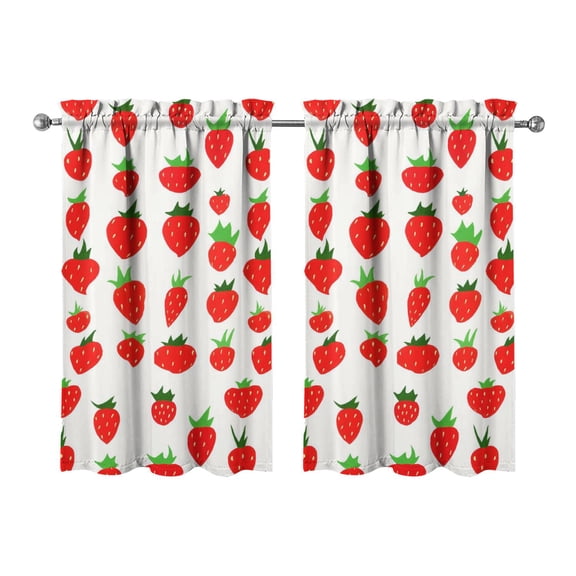 Cute Cartoon Strawberry Kitchen Curtains Set - 2 Piece Watercolor Berry Design, 27.5x39 Inch Semi-Sheer Rod Pocket Tier Curtains for Small Windows