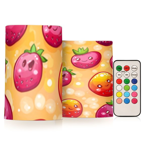Cute Cartoon Strawberry on Orange Background Flickering Flameless Candles Battery Operated with Remote Timer LED Pillar Candles Set of 2