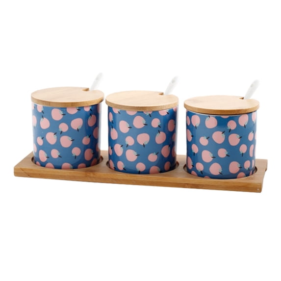 Cute Cartoon Sugar Bowl With Spoon, Fruit Pattern Sugar Container, Porcelain Moisture And Dustproof Spice Jars, Sugar Pot With Wooden Lid-apple-200ML