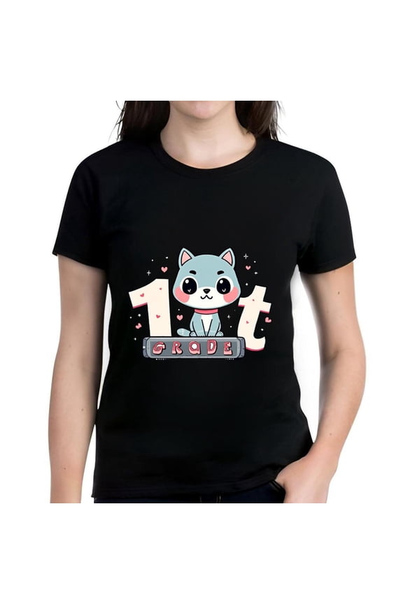 Cute Cartoon T-Shirt Short Sleeve Cotton Tee with '1t GRADE' Design & Hearts - Playful Graphic Tee