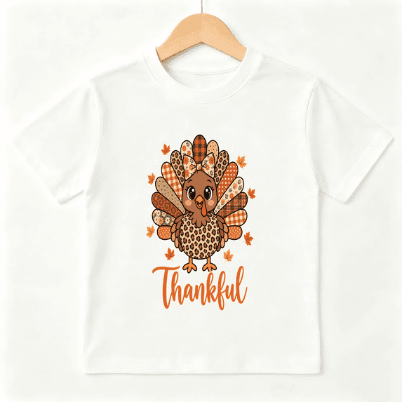 Cute Cartoon Thankful Turkey with Bow and Fall Leaves Girls T-Shirt ...
