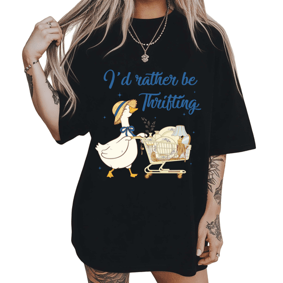 Cute Cartoon Thrifting Goose Print Tshirt Black S-5XL Playful Casual Graphic Tees Shirts Tops
