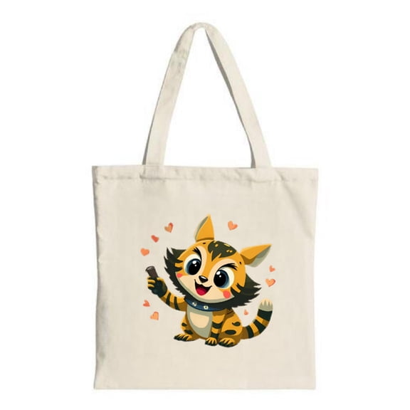 Cute Cartoon Tiger Tote Bag - Smiling Tiger with Big Eyes & Orange Hearts Perfect for Shopping Travel & Parties