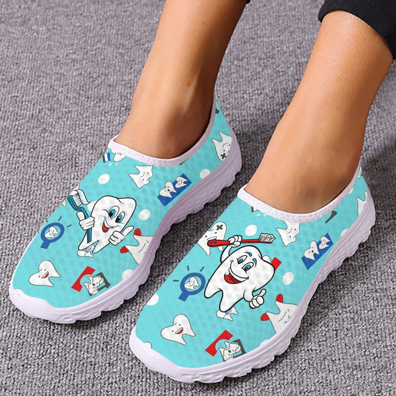 Cute Cartoon Tooth Pattern Women Slip On Sneakers Dentist Mesh Ladies