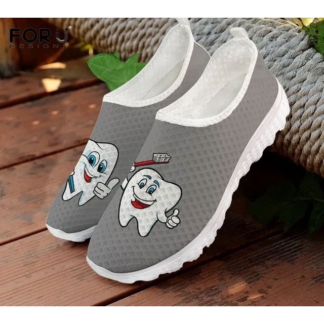 Cute Cartoon Tooth Print Women's Shoes Dentist Mesh Ladies Slip On