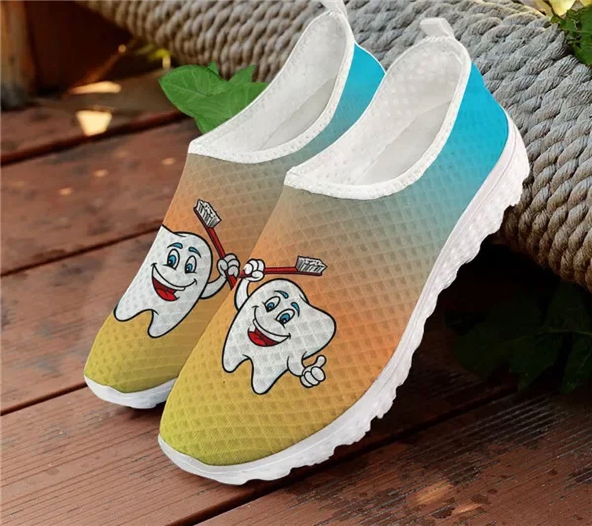 Cute Cartoon Tooth Print Women's Shoes Dentist Mesh Ladies Slip On