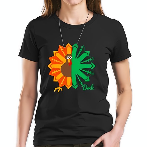 Cute Cartoon Turkey Graphic Cotton Short Sleeve T-Shirt with Colorful Autumn Leaves Design for Thanksgiving Festivities