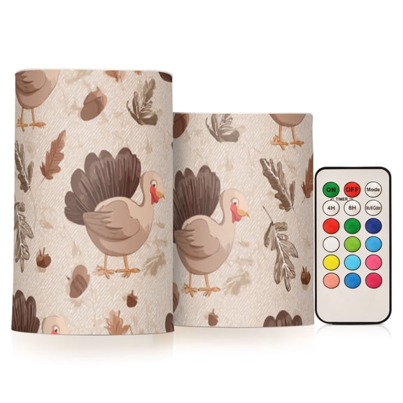 Cute Cartoon Turkey Leaves Thanksgiving Flickering Flameless Candles LED Tealight Battery Operated with Remote Set of 2 Holiday Decor Ornaments