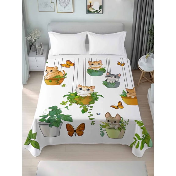 Cute Cartoon Twim Size Flat Sheet, Wrinkleproof & Fadeproof Cooling Flat Bed Sheet Only, Cat Butterfly Spring Floral Botanical Breathable Soft Bedding Top Sheets 66 x 96 Inches