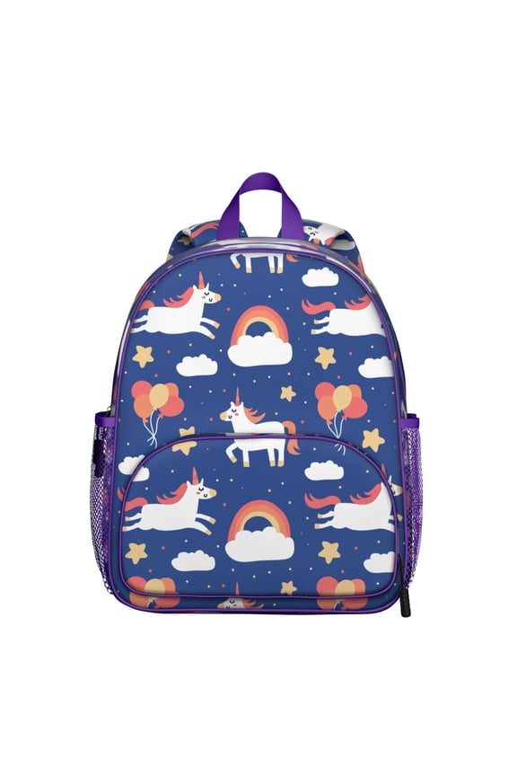 Cute Cartoon Unicorn Student Backpack – Rainbow and Moon Design with Baby Unicorn, Heart and Stars Fantasy Theme