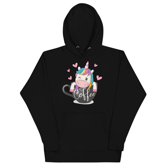 Cute Cartoon Unicorn Unisex Hoodie, Cup of coffee (Black, S)