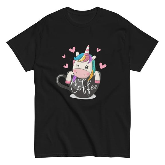 Cute Cartoon Unicorn Unisex classic tee Cup of coffee (Black, S)