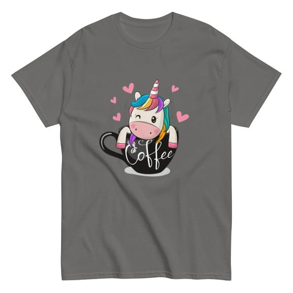 Cute Cartoon Unicorn Unisex classic tee Cup of coffee (Charcoal, S)