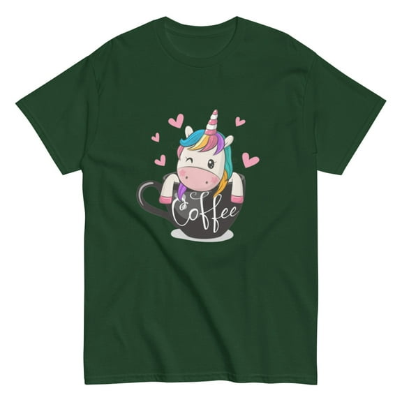 Cute Cartoon Unicorn Unisex classic tee Cup of coffee (Forest Green, S)