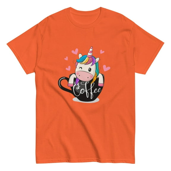 Cute Cartoon Unicorn Unisex classic tee Cup of coffee (Orange, S)