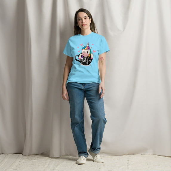 Cute Cartoon Unicorn Unisex classic tee Cup of coffee (Sky, S)
