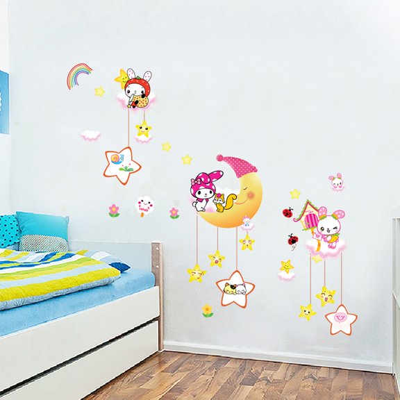 Cute Cartoon Wall Decals for Kids' Room & Kindergarten Decor - AY9258 Moon Rabbit Wall Stickers
