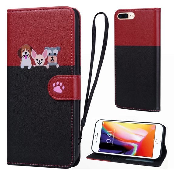 Cute Cartoon Wallet Case for iPhone 8 Plus/7 Plus, with Card Holder Soft PU Leather Kickstand Cover for Men and Women Magnetic Shockproof Protective with Lanyard for iPhone 8 Plus/7 Plus, Black