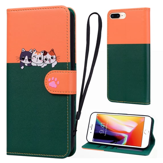Cute Cartoon Wallet Case for iPhone 8 Plus/7 Plus, with Card Holder Soft PU Leather Kickstand Cover for Men and Women Magnetic Shockproof Protective with Lanyard for iPhone 8 Plus/7 Plus, Darkgreen