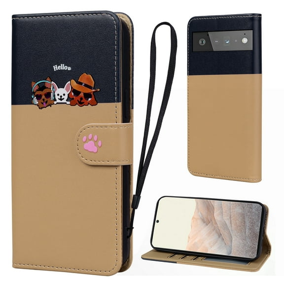 Cute Cartoon Wallet Phone Case for Google Pixel 6 Pro with Card Holder Soft PU Leather Kickstand Cover for Men and Women Magnetic Shockproof Protective with Lanyard for Google Pixel 6 Pro, Khaki