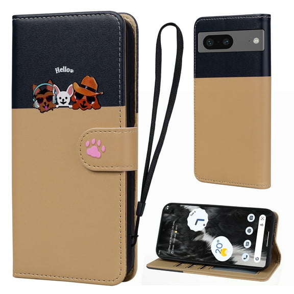 Cute Cartoon Wallet Phone Case for Google Pixel 7 with Card Holder Soft PU Leather Kickstand Cover for Men and Women Magnetic Shockproof Protective with Lanyard for Google Pixel 7, Khaki
