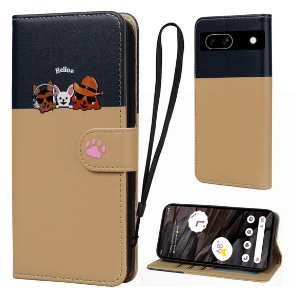 Cute Cartoon Wallet Phone Case for Google Pixel 7a with Card Holder Soft PU Leather Kickstand Cover for Men and Women Magnetic Shockproof Protective with Lanyard for Google Pixel 7a, Khaki