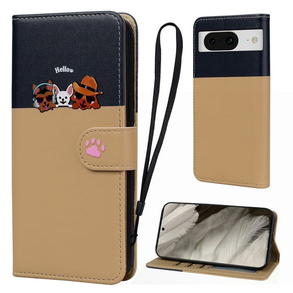 Cute Cartoon Wallet Phone Case for Google Pixel 8 with Card Holder Soft PU Leather Kickstand Cover for Men and Women Magnetic Shockproof Protective with Lanyard for Google Pixel 8, Khaki