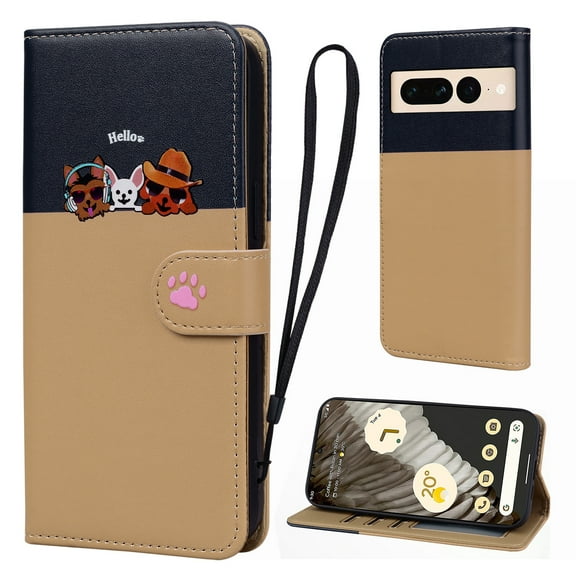 Cute Cartoon Wallet Phone Case for Google Pixel 8 Pro with Card Holder Soft PU Leather Kickstand Cover for Men and Women Magnetic Shockproof Protective with Lanyard for Google Pixel 8 Pro, Khaki