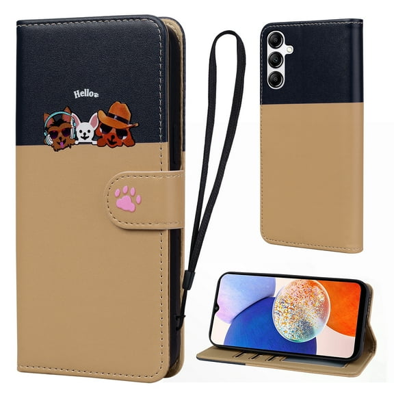 Cute Cartoon Wallet Phone Case for Samsung Galaxy A14 5G with Card Holder Soft PU Leather Kickstand Cover for Men and Women Magnetic Shockproof Protective with Lanyard, Khaki