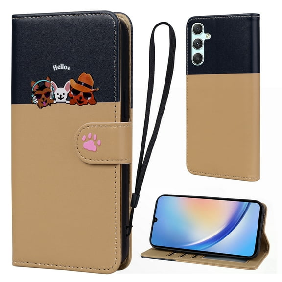 Cute Cartoon Wallet Phone Case for Samsung Galaxy A34 5G with Card Holder Soft PU Leather Kickstand Cover for Men and Women Magnetic Shockproof Protective with Lanyard, Khaki