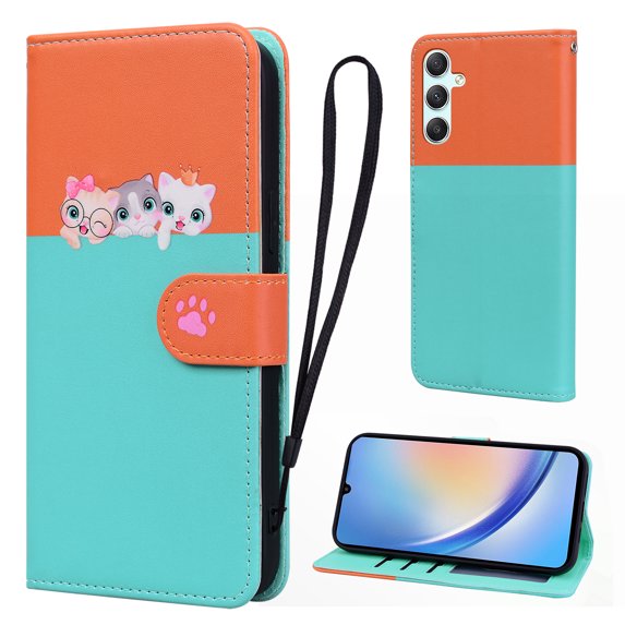 Cute Cartoon Wallet Phone Case for Samsung Galaxy A34 5G with Card Holder Soft PU Leather Kickstand Cover for Men and Women Magnetic Shockproof Protective with Lanyard, Skyblue