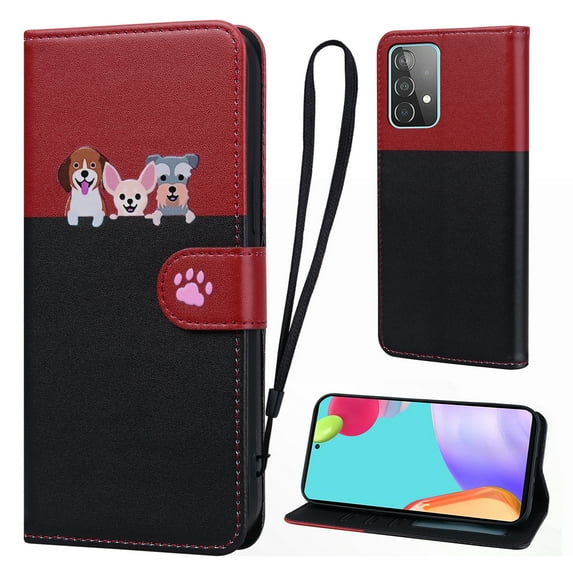 Cute Cartoon Wallet Phone Case for Samsung Galaxy A52 5G with Card Holder Soft PU Leather Kickstand Cover for Men and Women Magnetic Shockproof Protective with Lanyard, Black