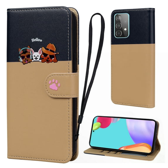 Cute Cartoon Wallet Phone Case for Samsung Galaxy A52 5G with Card Holder Soft PU Leather Kickstand Cover for Men and Women Magnetic Shockproof Protective with Lanyard, Khaki