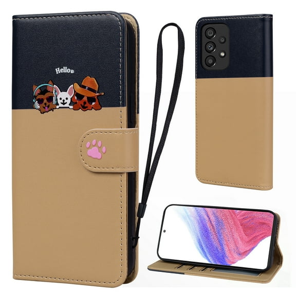 Cute Cartoon Wallet Phone Case for Samsung Galaxy A53 5G with Card Holder Soft PU Leather Kickstand Cover for Men and Women Magnetic Shockproof Protective with Lanyard, Khaki