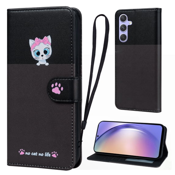 Cute Cartoon Wallet Phone Case for Samsung Galaxy A54 5G with Card Holder Soft PU Leather Kickstand Cover for Men and Women Magnetic Shockproof Protective with Lanyard, Darkgray