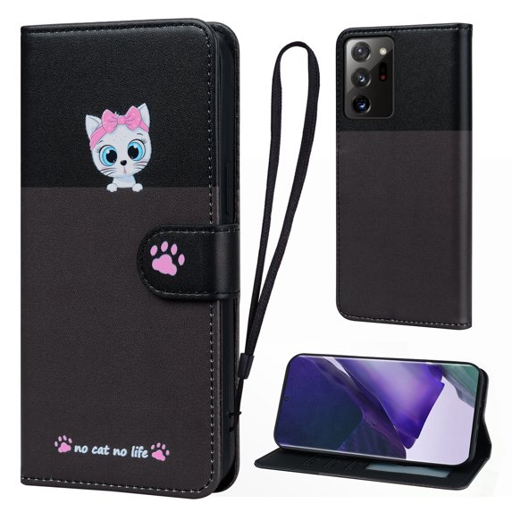 Cute Cartoon Wallet Phone Case for Samsung Galaxy Note 20 Ultra with Card Holder Soft PU Leather Kickstand Cover for Men and Women Magnetic Shockproof Protective with Lanyard, Darkgray