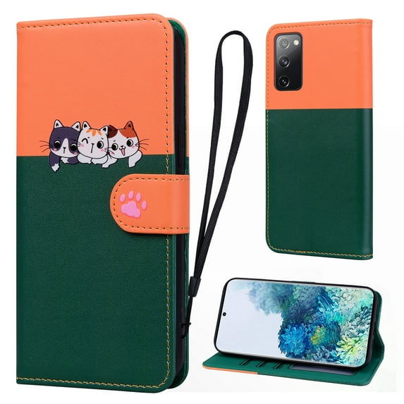 Cute Cartoon Wallet Phone Case for Samsung Galaxy S20 FE, with Card Holder Soft PU Leather Kickstand Cover for Men and Women Magnetic Shockproof Protective with Lanyard, Darkgreen
