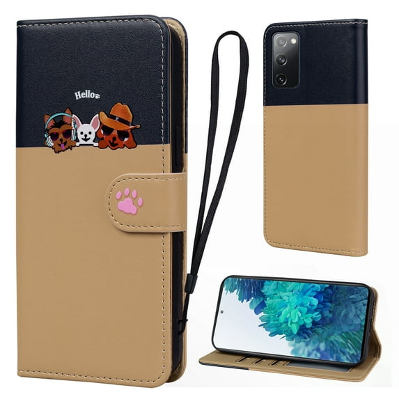 Cute Cartoon Wallet Phone Case for Samsung Galaxy S20 FE, with Card Holder Soft PU Leather Kickstand Cover for Men and Women Magnetic Shockproof Protective with Lanyard, Khaki