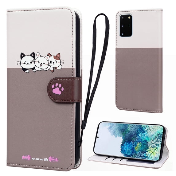 Cute Cartoon Wallet Phone Case for Samsung Galaxy S20 Plus, with Card Holder Soft PU Leather Kickstand Cover for Men and Women Magnetic Shockproof Protective with Lanyard, Gray