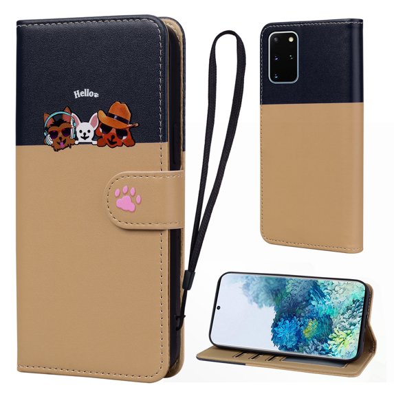 Cute Cartoon Wallet Phone Case for Samsung Galaxy S20 Plus, with Card Holder Soft PU Leather Kickstand Cover for Men and Women Magnetic Shockproof Protective with Lanyard, Khaki